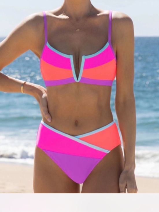 Popvil Other - Colorblock V-Notch Bikini Set in Neon Pink, Coral & Lavender